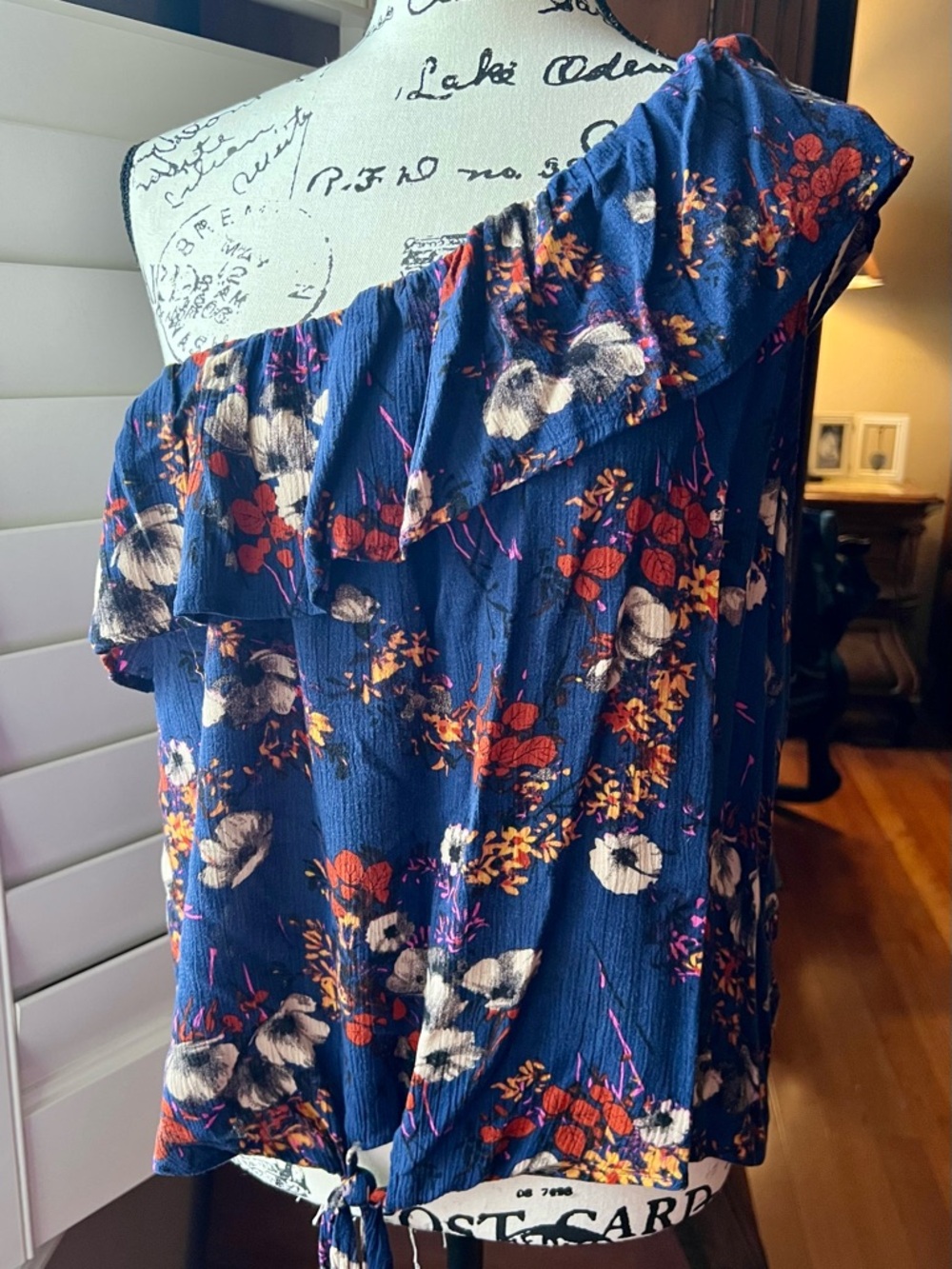 Mossimo Supply Co. Navy One-Shoulder Floral Ruffle Tie-Front Crop Top